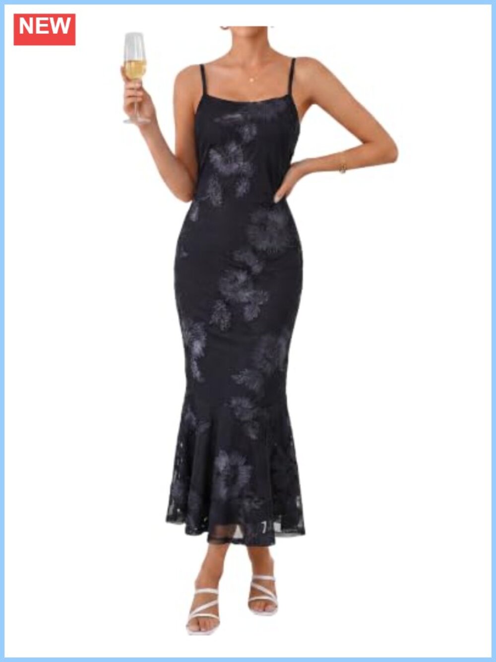 Women's Floral Mermaid Midi Dress Spaghetti Strap Mesh Formal Cocktail